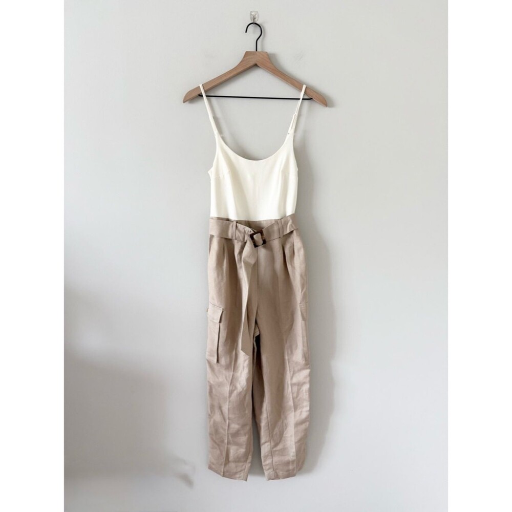 Express Wide-Leg Linen Blend Cargo Bottom Jumpsuit with Cream Top Size XS